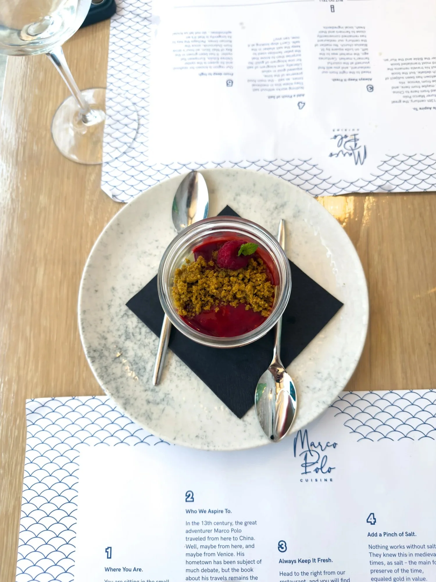 Pistachio cheesecake with raspberry gel at Restaurant Marco Polo