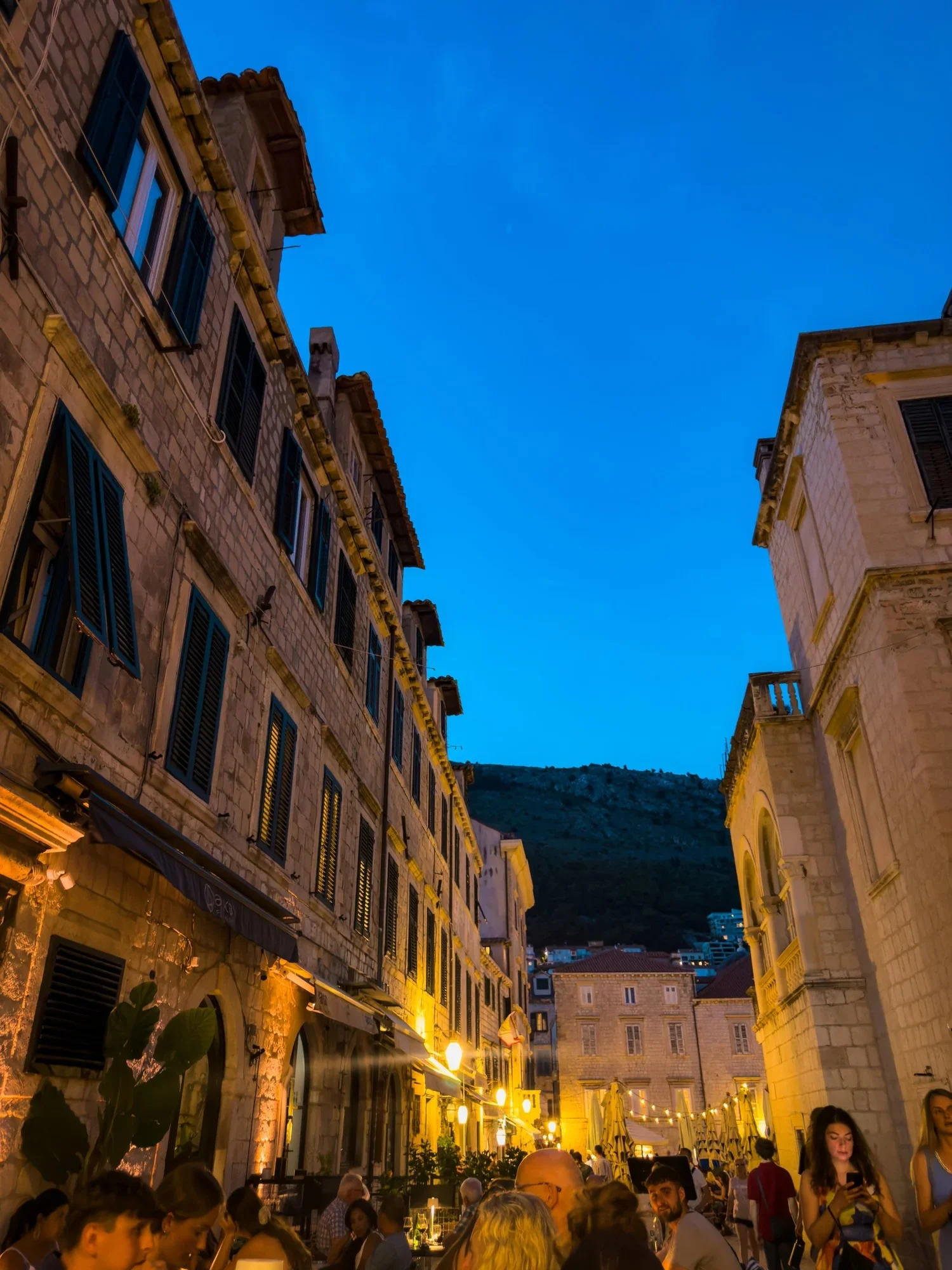 Evening light over the stone streets beside Restaurant Arka in Dubrovnik Old Town