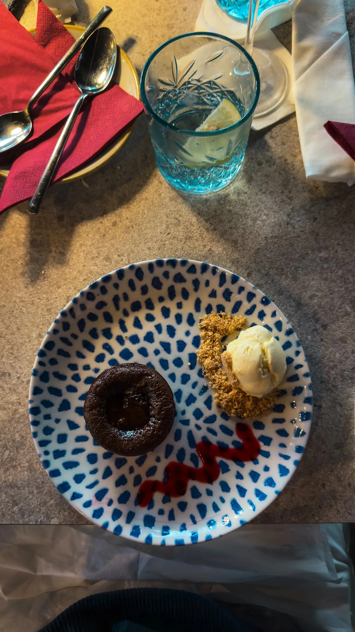 Chocolate dessert with ice cream at Restaurant La Bohème