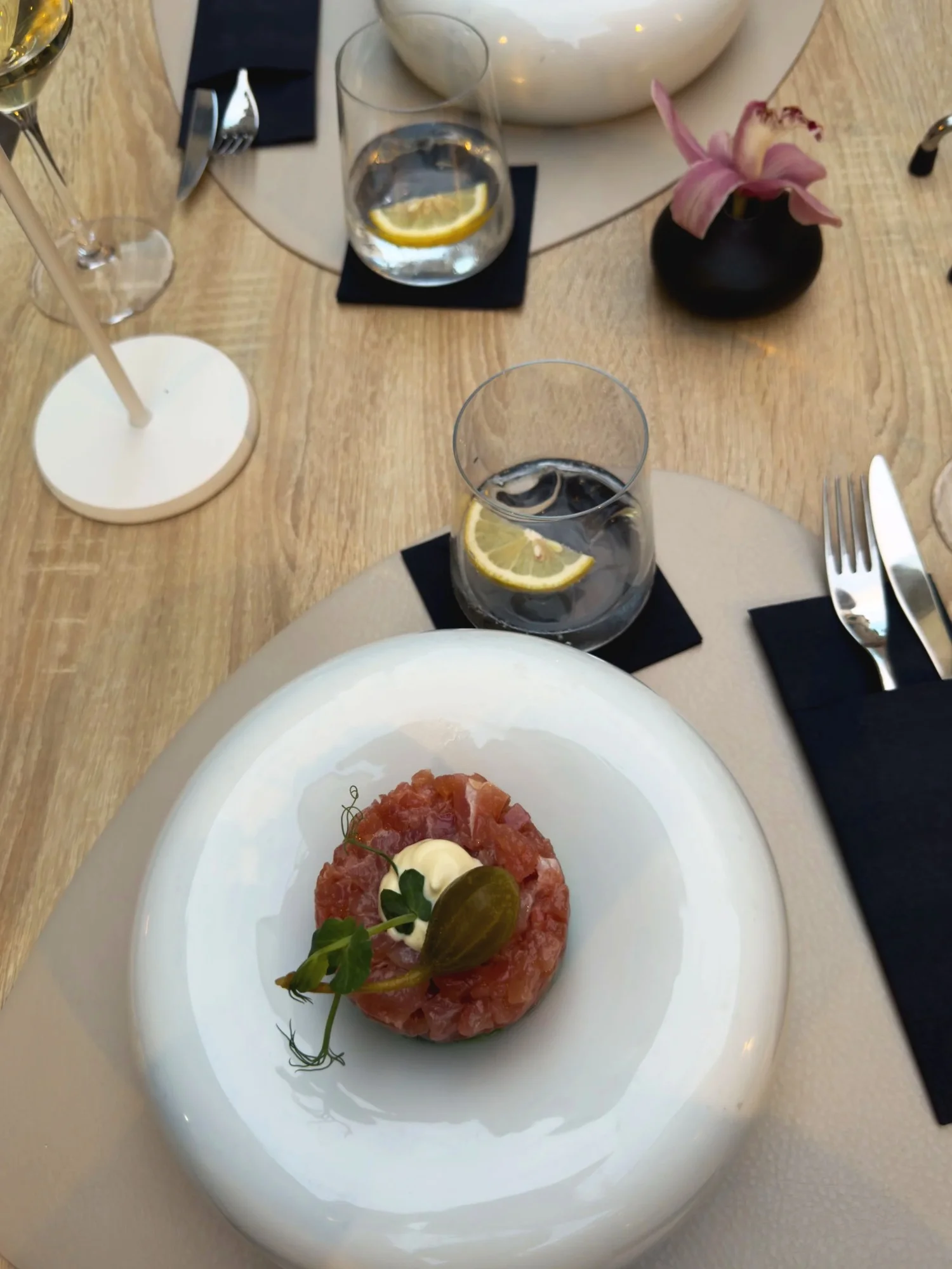 Tuna tartare served on a white plate at Restaurant Arka